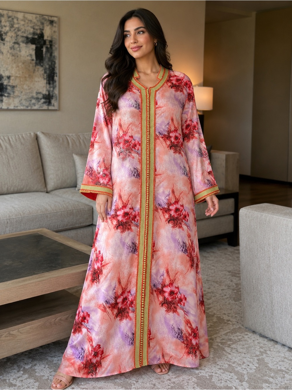 Galabia Morocco style kaftan Floral pink  Lavender Long Caftan with Gold Trim